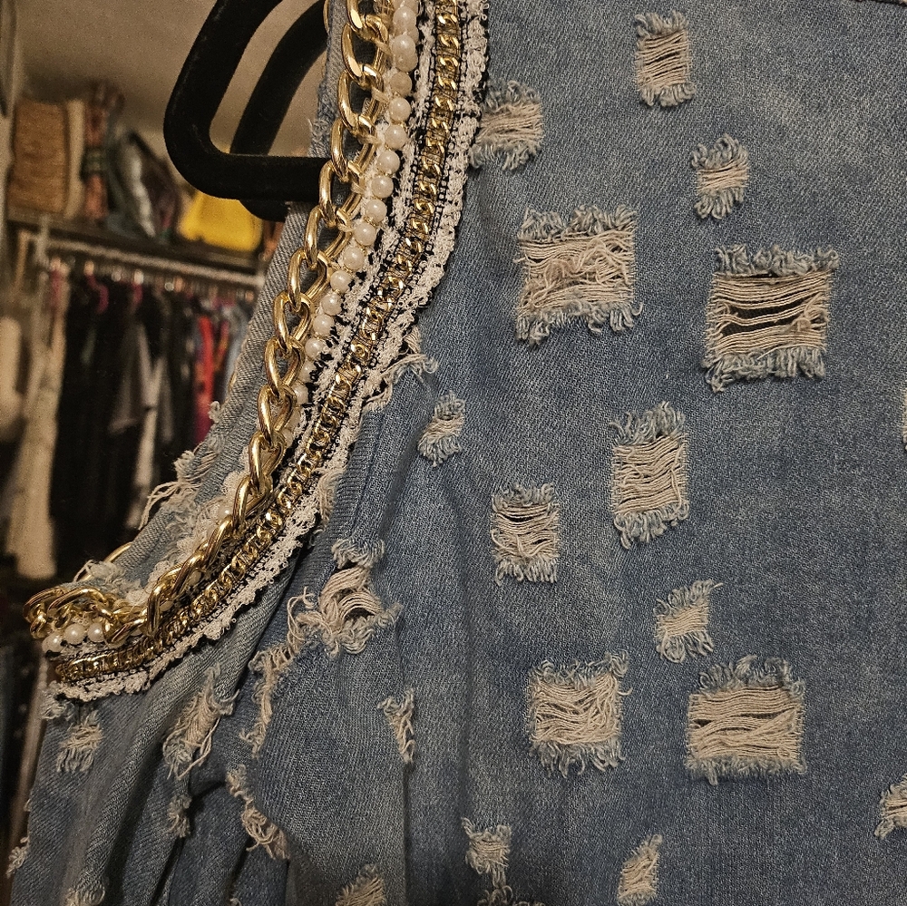 Distressed Denim Cold Shoulder Top - Picture 4 of 7